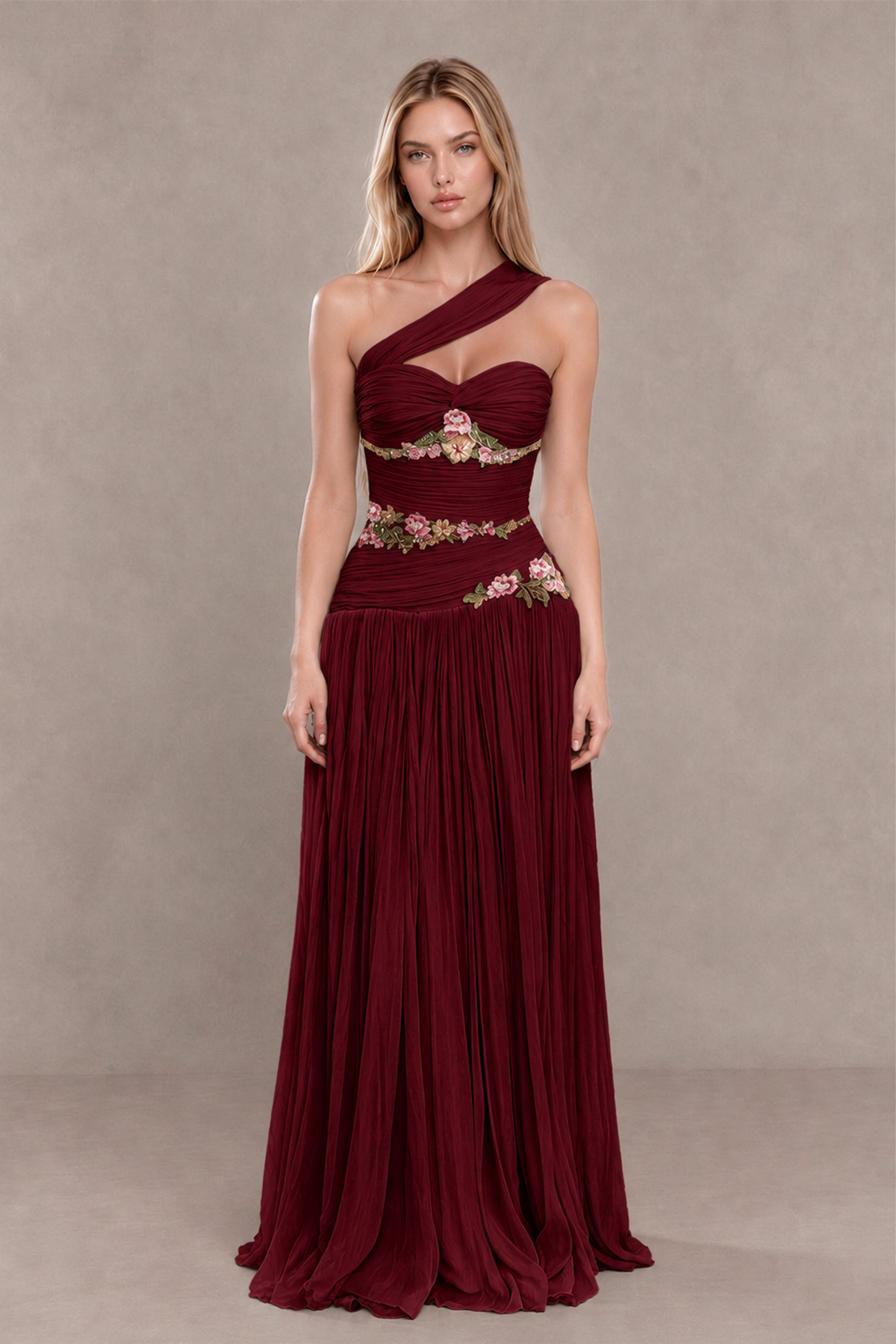 BOLODOO Burgundy One-Shoulder Floral Applique A-Line Evening Dress - Burgundy - Burgundy_1