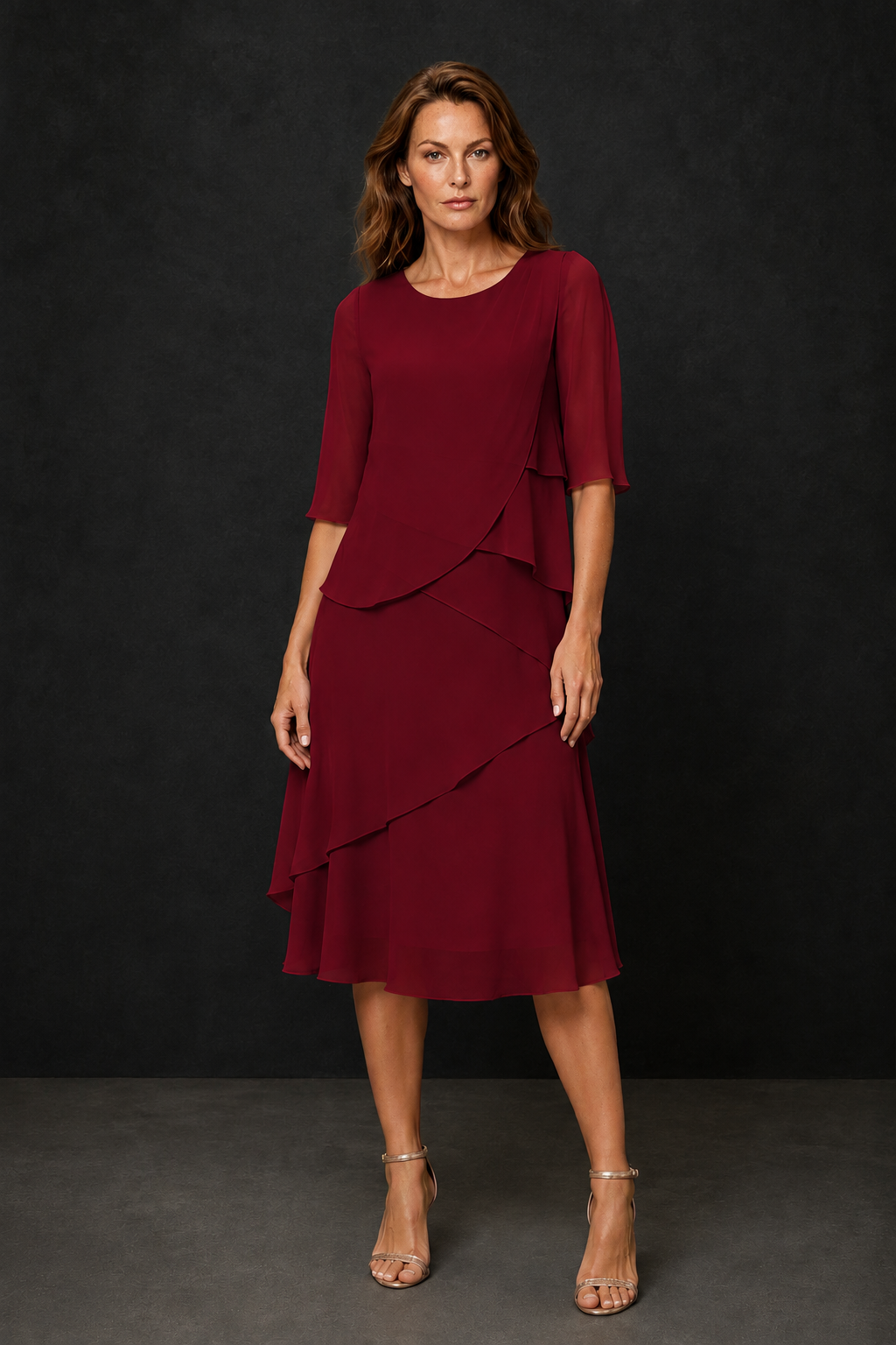 BOLODOO Burgundy Chiffon 3/4 Sleeve Asymmetric Tiered Tea Length Dress | Mother of the Bride Midi Dress - Burgundy