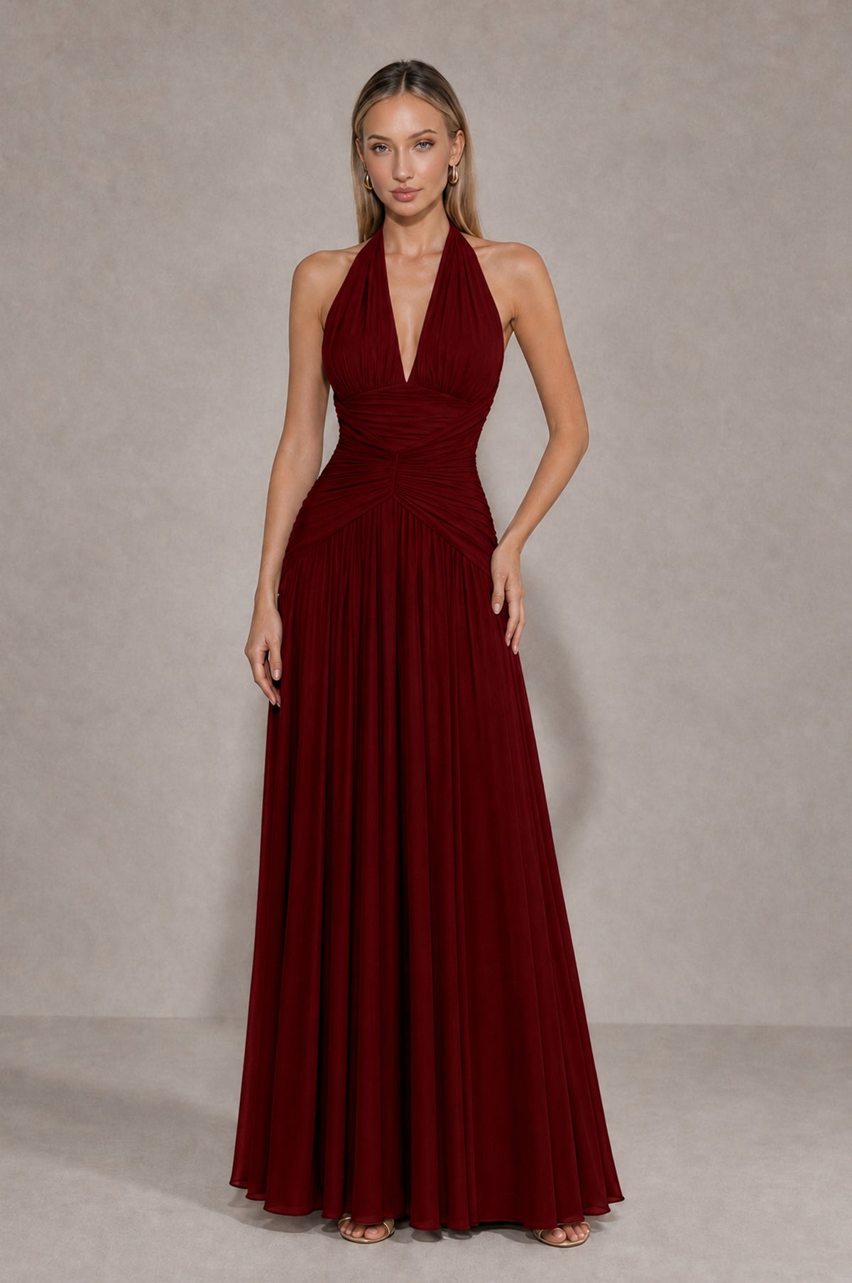 BOLODOO Burgundy Chiffon Halter Deep V-Neck Ruched A-Line Backless Maxi Dress with Train-BD0167 - Burgundy - Burgundy_1
