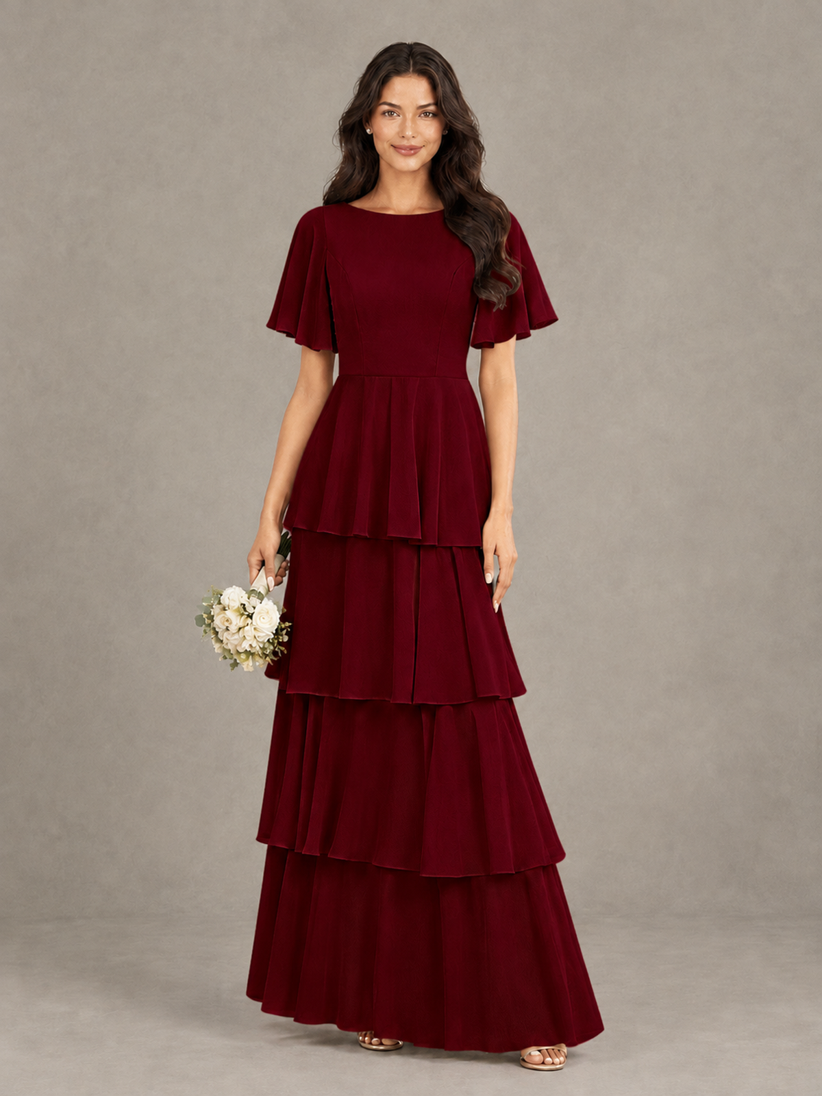 BOLODOO Burgundy Tiered Flutter Sleeve Bridesmaid Dress - Burgundy - Burgundy_1