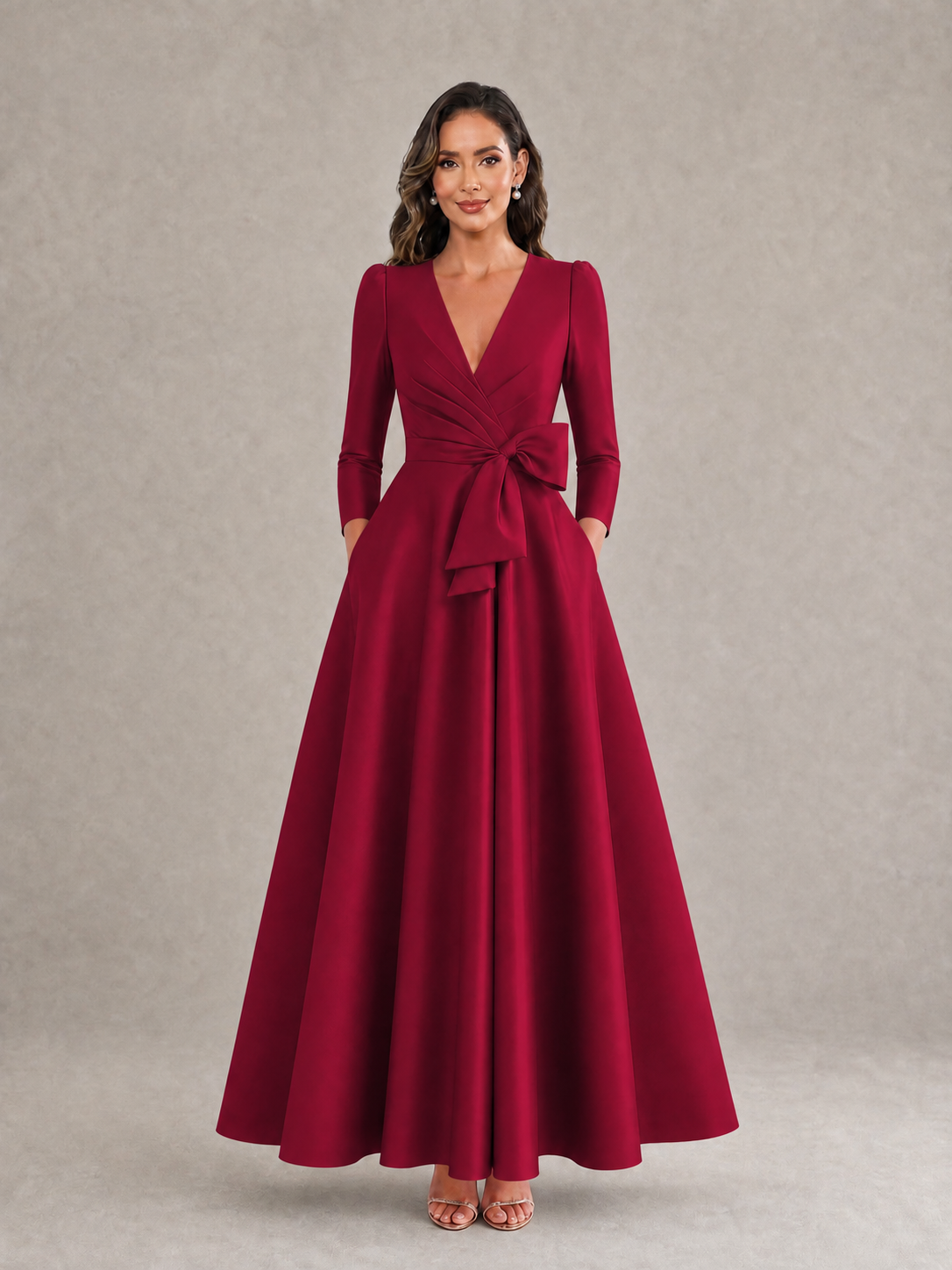 BOLODOO Burgundy Satin Deep V-Neck Wrap 3/4 Puff Sleeve A-Line Ball Gown Maxi Dress with Oversized Bow Belt - Burgundy