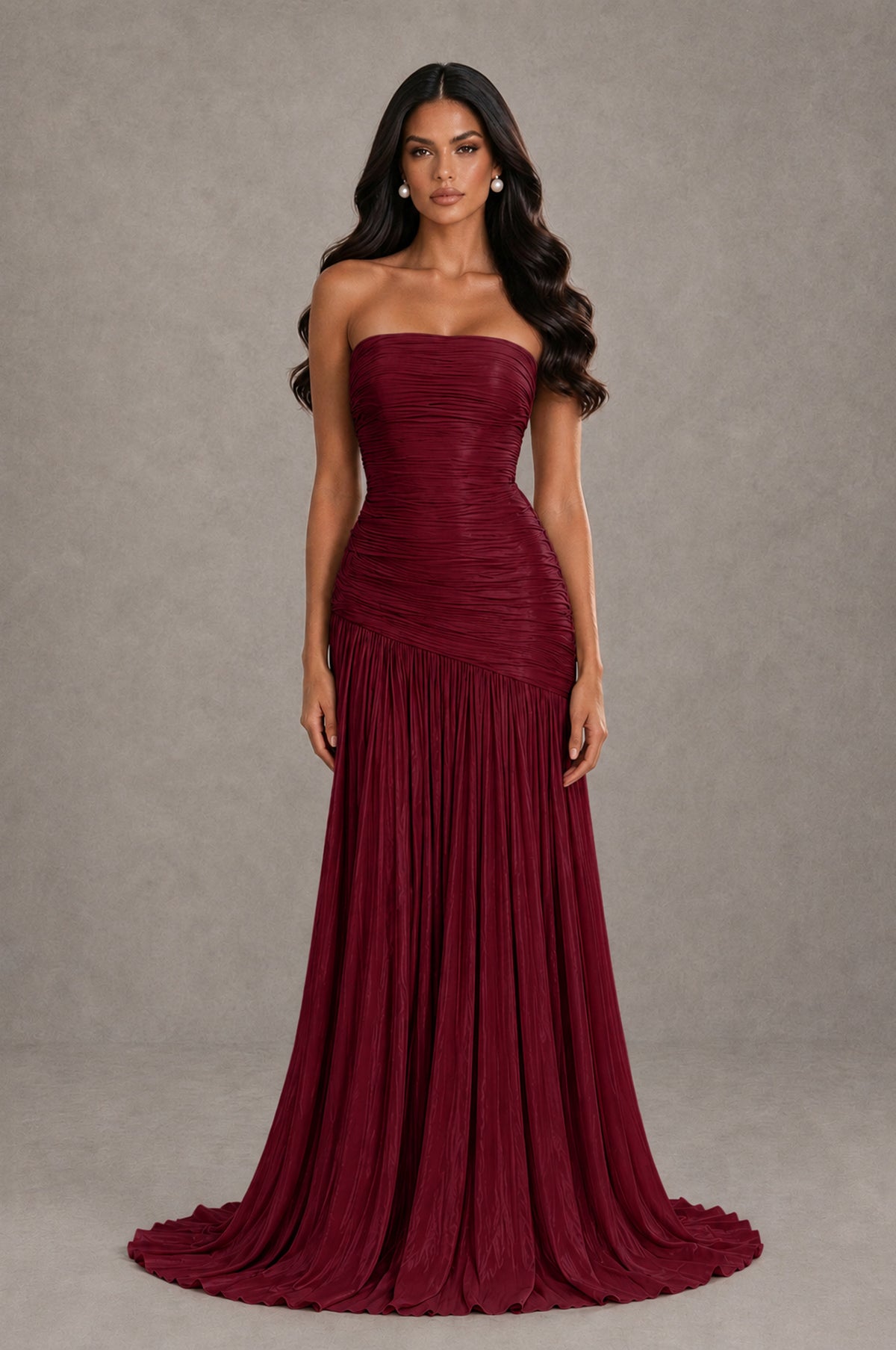 BOLODOO Burgundy Metallic Ruched Strapless Pleated A-Line Backless Maxi Dress with Train - Burgundy - Burgundy_1