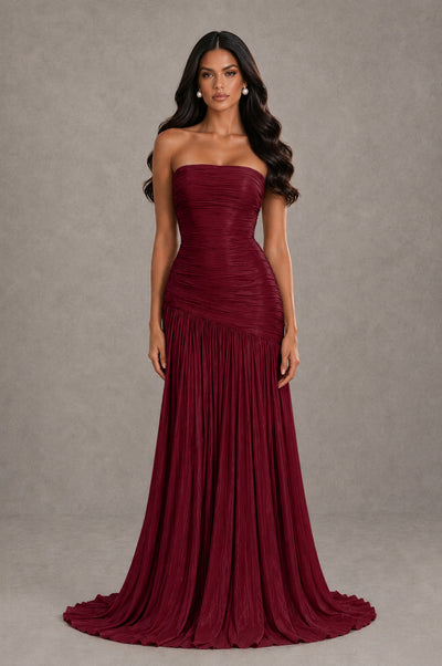 BOLODOO Burgundy Metallic Ruched Strapless Pleated A-Line Backless Maxi Dress with Train - Burgundy - Burgundy_1