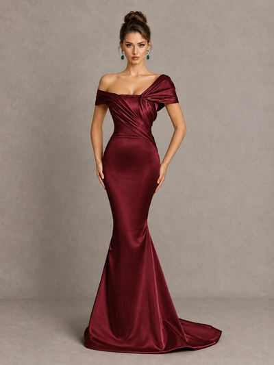 BOLODOO Burgundy Off-Shoulder Satin Mermaid Prom Dress - Burgundy - Burgundy_1