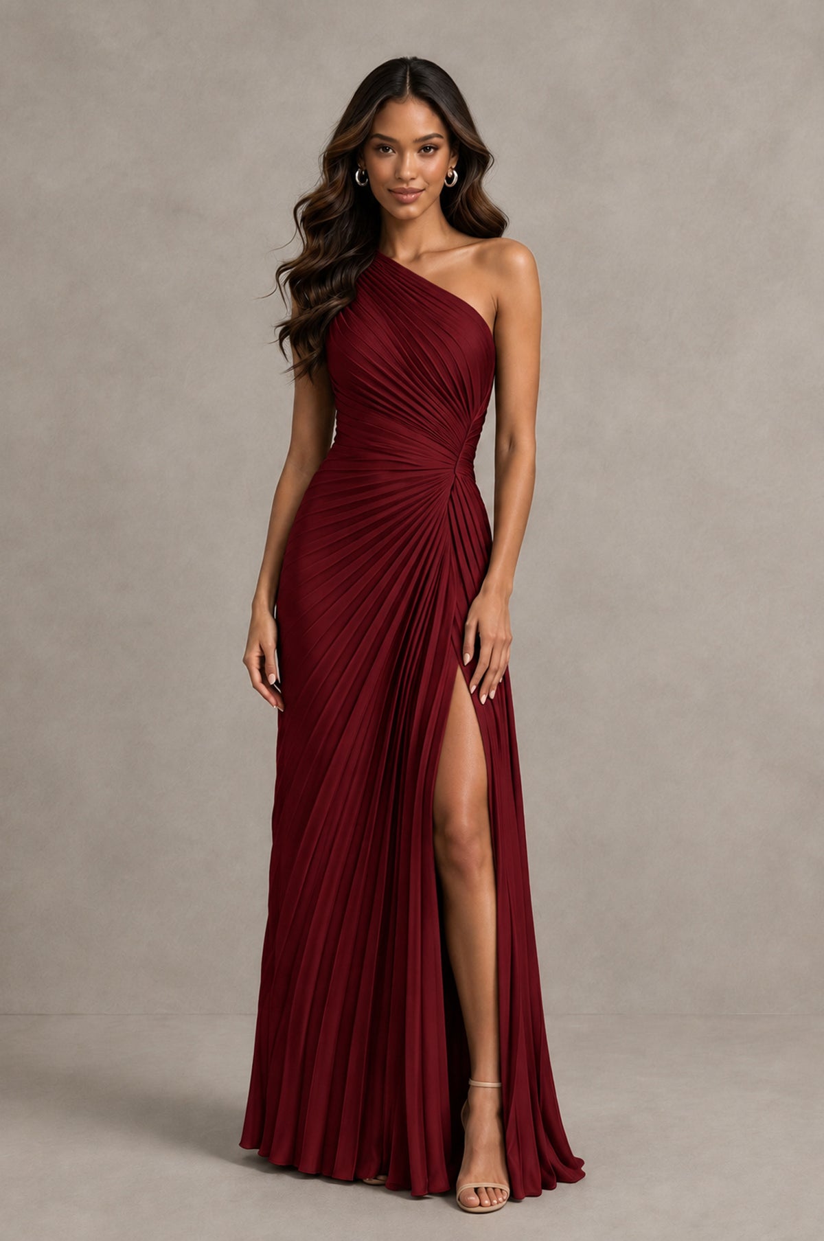 BOLODOO Burgundy One Shoulder Pleated Evening Dress with Ruched Waist and High Slit - Burgundy - Burgundy_1
