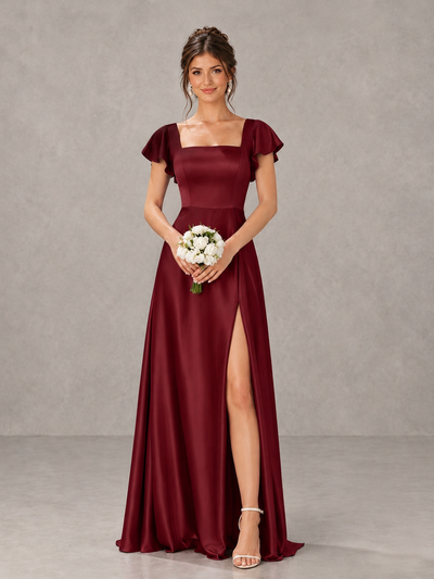 BOLODOO Burgundy Satin Square Neck Flutter Sleeve A-Line Bridesmaid Dress with Slit - Burgundy - Burgundy_1