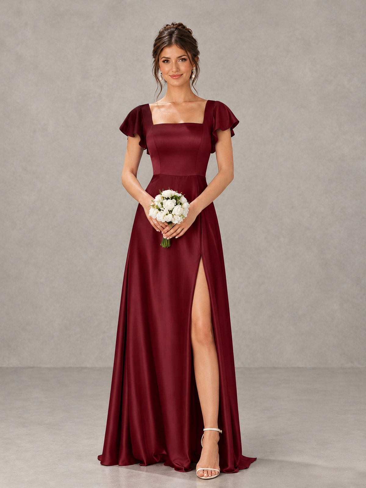 BOLODOO Burgundy Satin Square Neck Flutter Sleeve A-Line Bridesmaid Dress with Slit - Burgundy - Burgundy_1