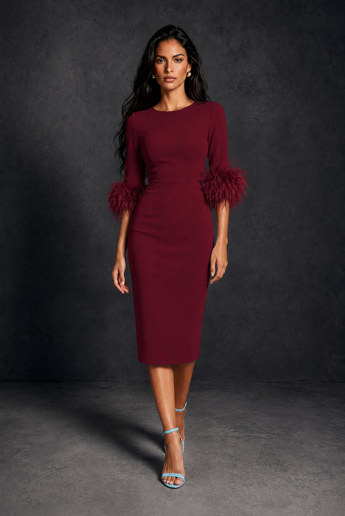 BOLODOO Burgundy Ostrich Feather Cuff 3/4 Sleeve Round Neck Bodycon Midi Dress with Back Slit - Burgundy