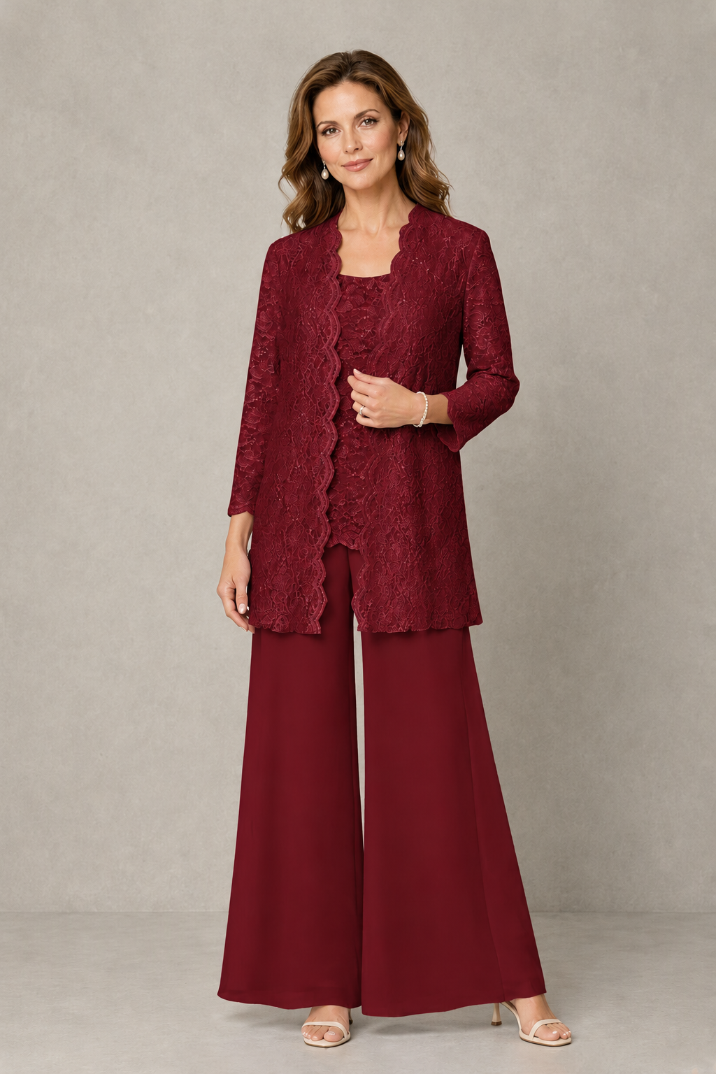 BOLODOO Burgundy 3-Piece Lace Chiffon Pantsuit – Mother of the Bride Wedding Guest with Jacket - Burgundy