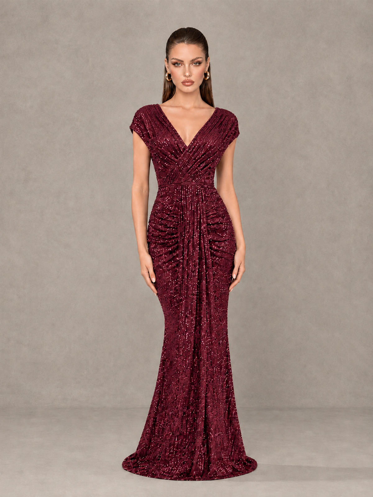 BOLODOO Burgundy Glitter V-Neck Cap Sleeve Ruched Mermaid Evening Gown - Burgundy - Burgundy_1