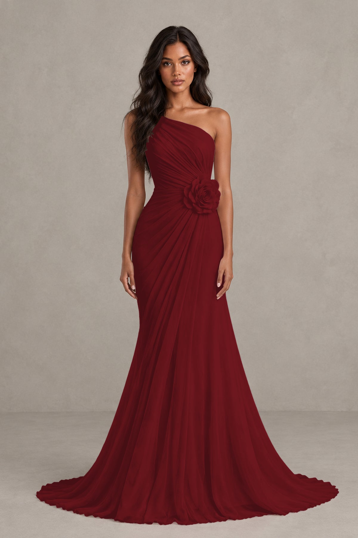 BOLODOO Burgundy One-Shoulder Floral Ruched Maxi Dress - Burgundy