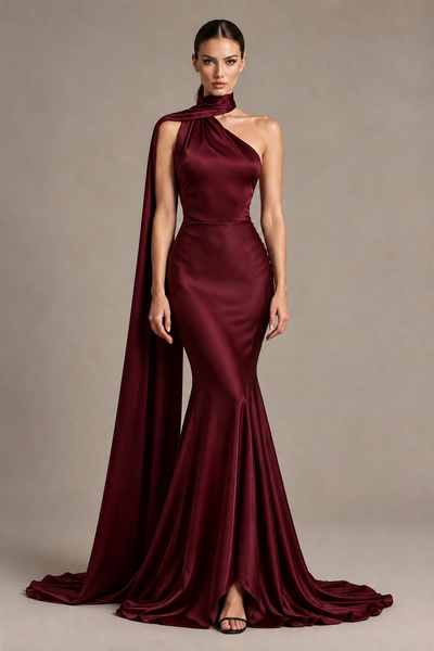 BOLODOO Burgundy One-Shoulder Satin Mermaid Evening Dress with Scarf - Burgundy - Burgundy_1