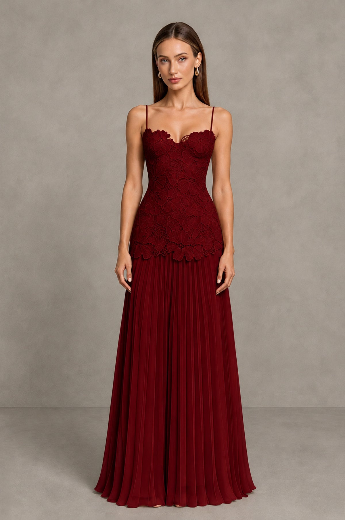 BOLODOO Burgundy Lace Bodice Pleated Wedding Guest Dress - Burgundy - Burgundy_1