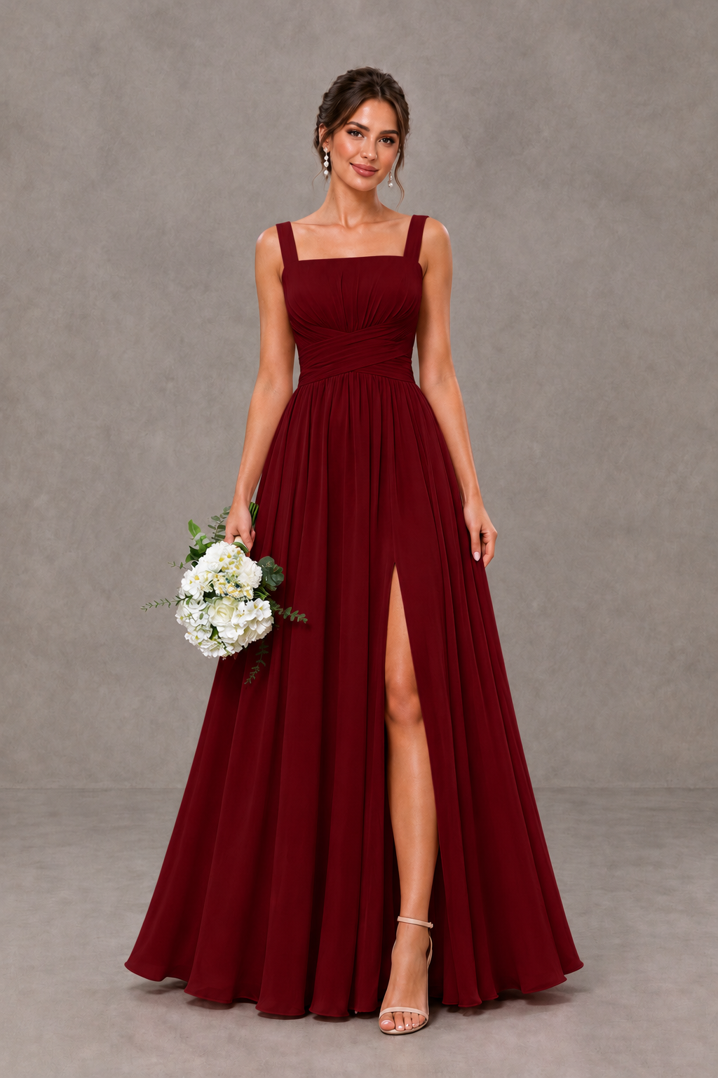 BOLODOO Burgundy Square Neck A-Line Bridesmaid Dress with Slit - Burgundy - Burgundy_1