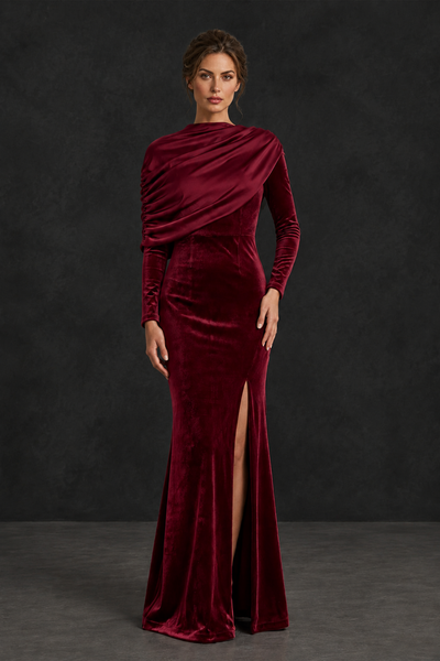 BOLODOO Burgundy Velvet Long Sleeve Draped Mother of the Bride Dress - Burgundy - Burgundy_1