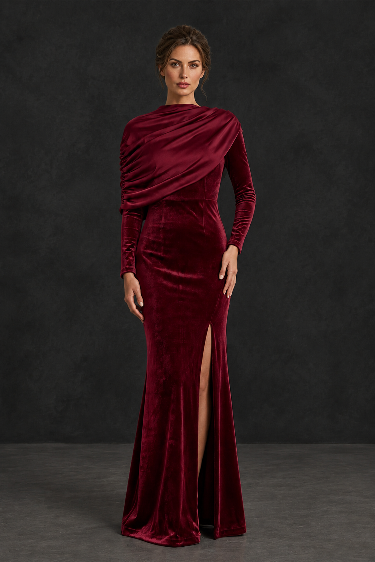 BOLODOO Burgundy Velvet Long Sleeve Draped Mother of the Bride Dress - Burgundy - Burgundy_1