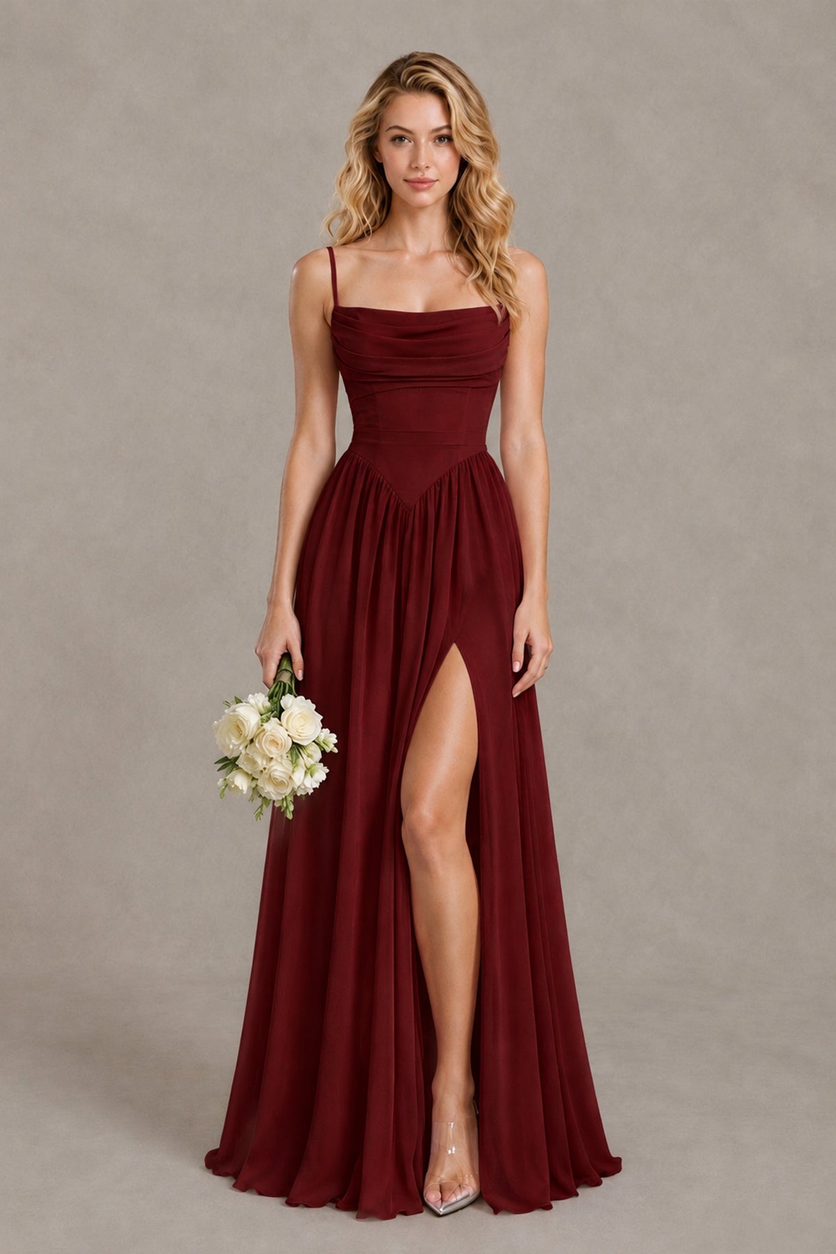 BOLODOO Burgundy Spaghetti Strap A-Line Bridesmaid Dress with Slit - Burgundy - Burgundy_1