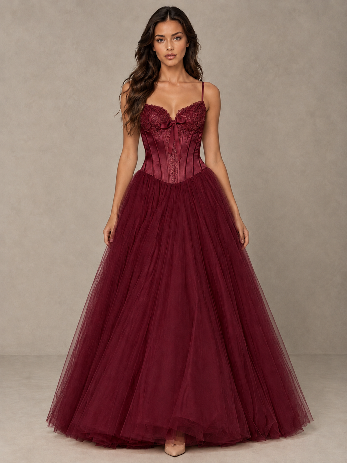 BOLODOO Burgundy Corset Tulle Prom Dress with Spaghetti Straps - Burgundy - Burgundy_1