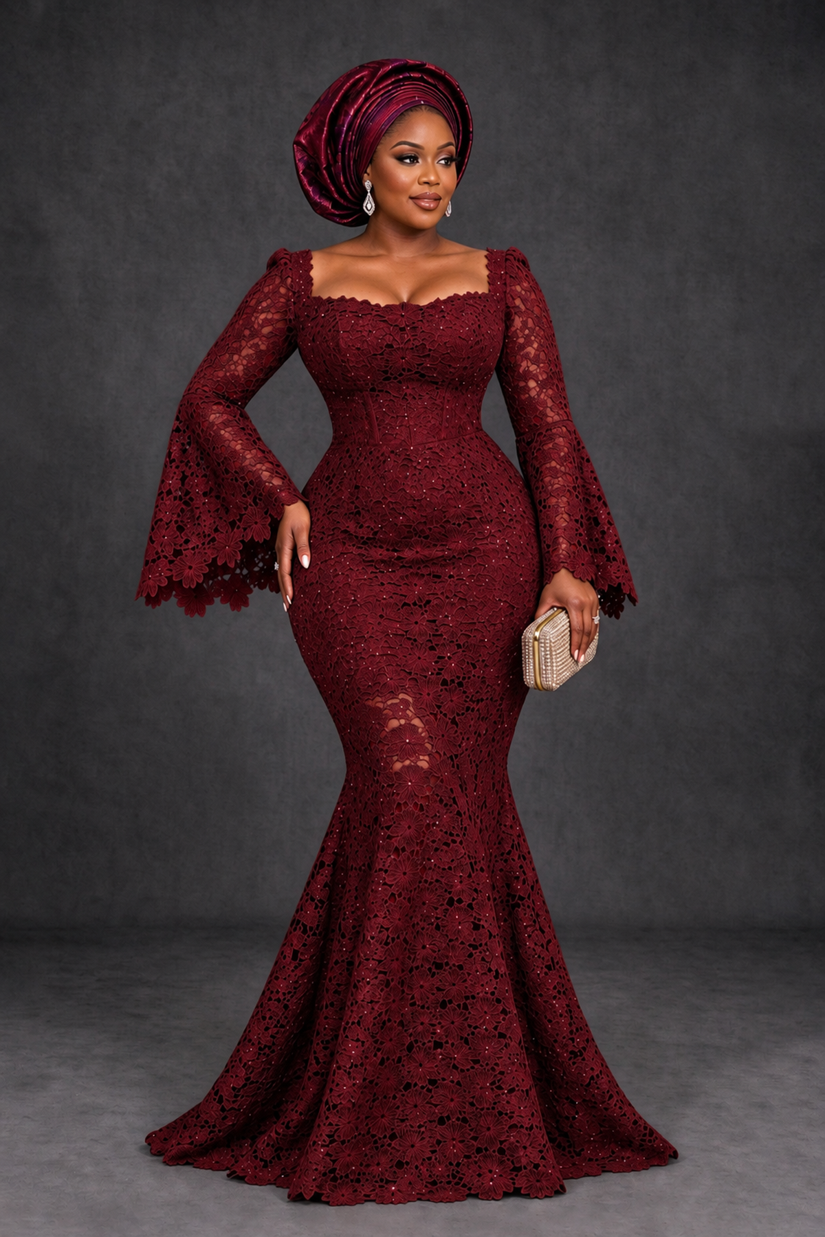 BOLODOO Burgundy African Lace Mermaid Dress, Plus Size Nigerian Wedding Guest Gown with Bell Sleeves - Burgundy - Burgundy_1
