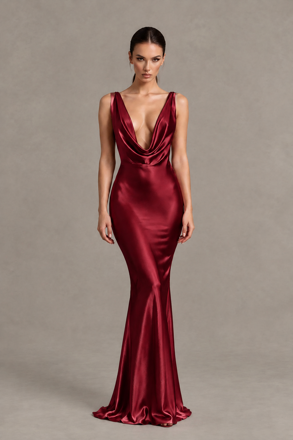 BOLODOO Burgundy Cowl Neck Backless Satin Mermaid Evening Dress - Burgundy - Burgundy_1