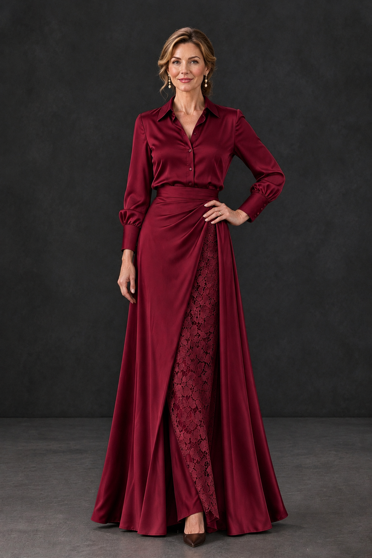 BOLODOO Burgundy Long Sleeve Satin-Look Lace Panel Gown - Burgundy - Burgundy_1