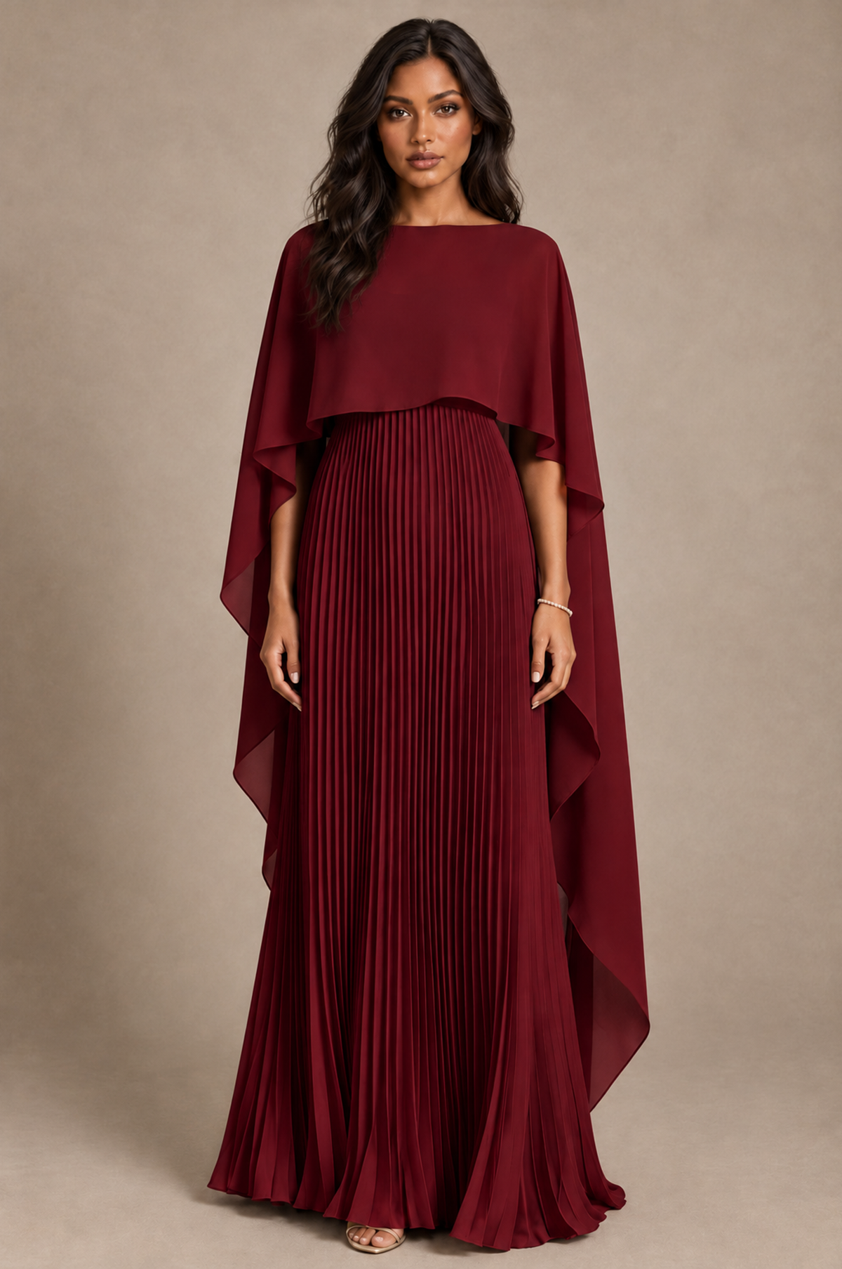 BOLODOO Burgundy Pleated Cape A-Line Evening Dress - Burgundy - Burgundy_1