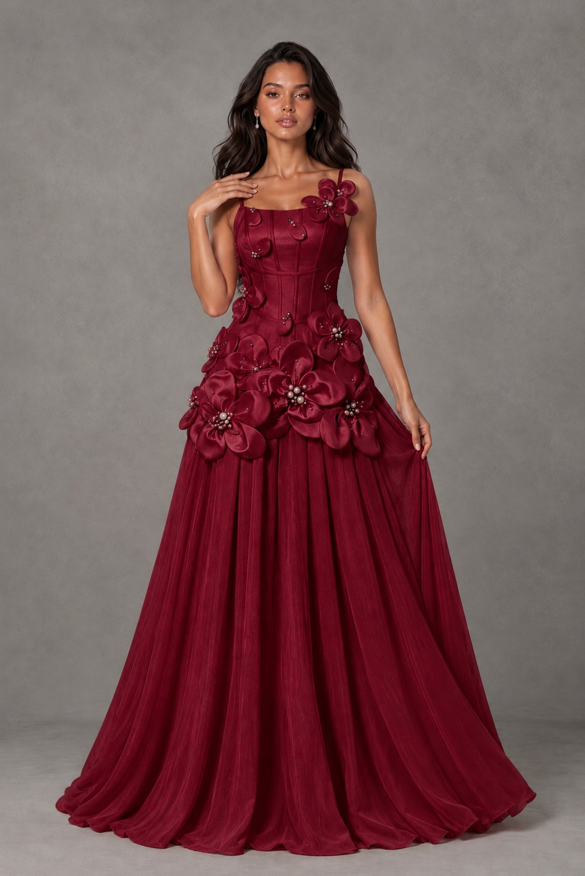 BOLODOO Burgundy 3D Floral Appliqué Floor-Length A-Line Evening Gown - Burgundy