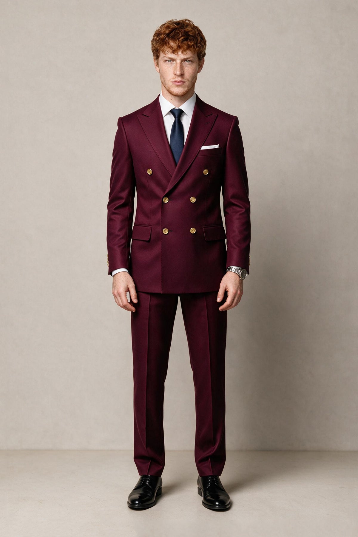 BOLODOO Men's Burgundy Double-Breasted 2-Piece Suit | Burgundy Button Peak Lapel Blazer & Trousers - Burgundy