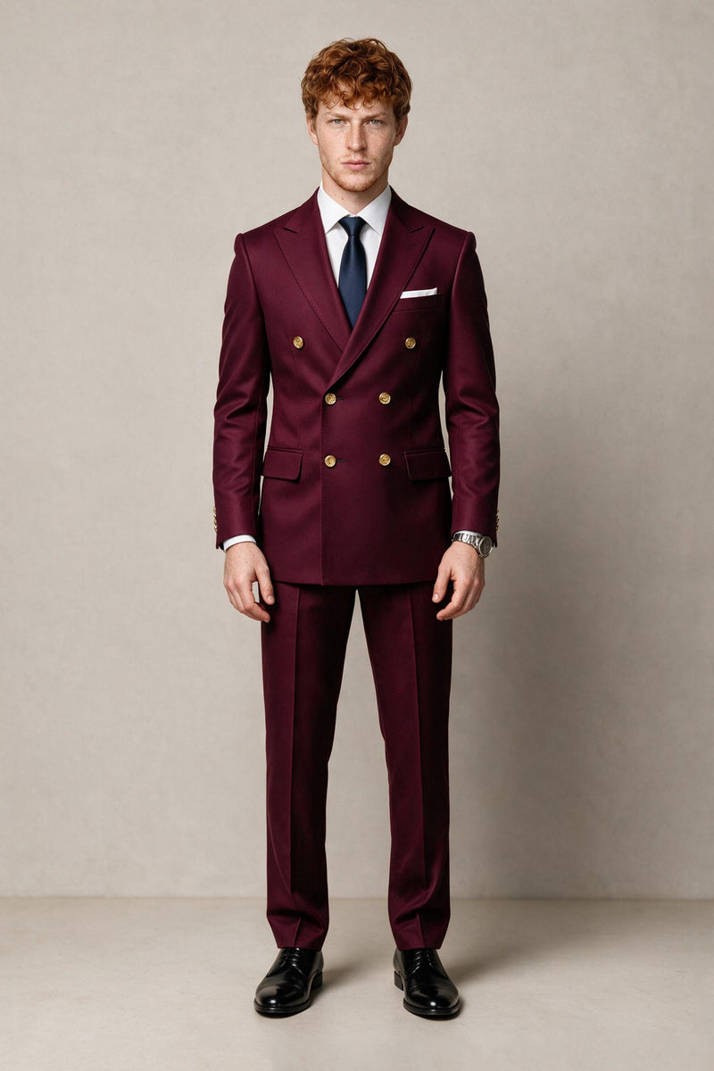 BOLODOO Men's Burgundy Double-Breasted 2-Piece Suit | Burgundy Button Peak Lapel Blazer & Trousers - Burgundy