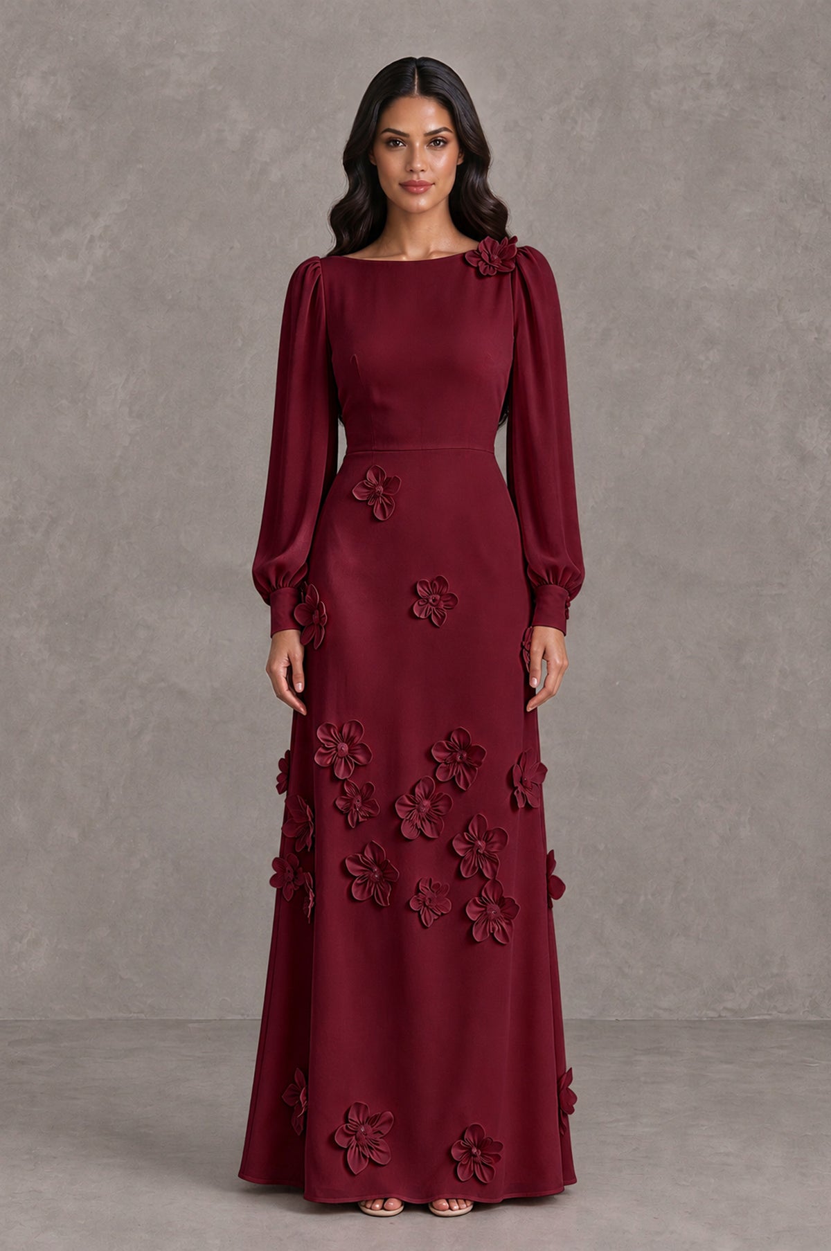 BOLODOO Burgundy Long Sleeve Floral Applique A-Line Evening Dress - Burgundy - Burgundy_1