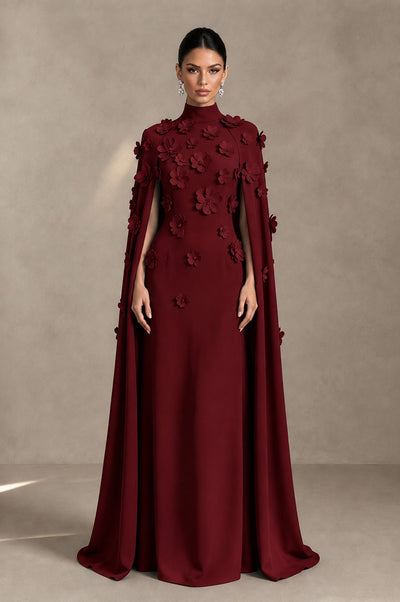 BOLODOO Burgundy 3D Floral Applique Cape Formal Dress - Burgundy - Burgundy_1