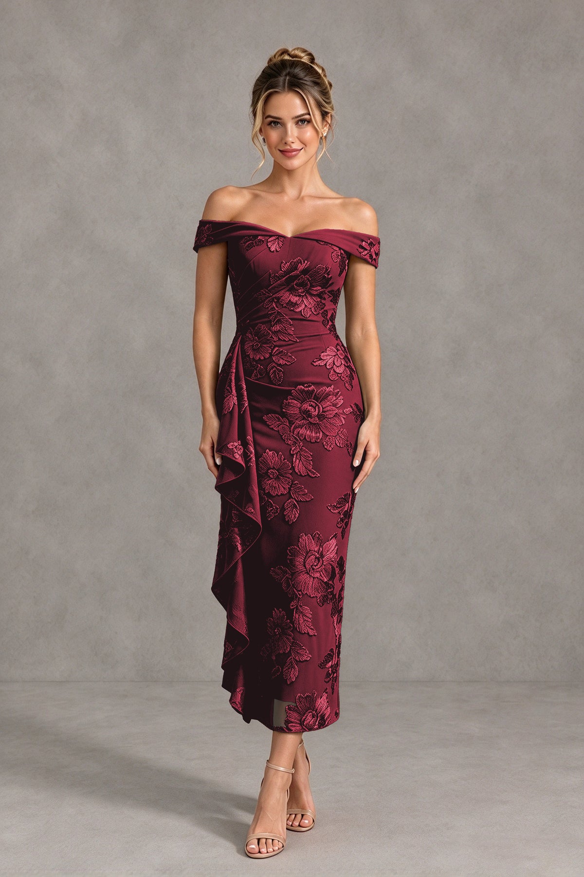 BOLODOO Burgundy Off Shoulder Floral Jacquard Midi Dress - Burgundy - Burgundy(1)
