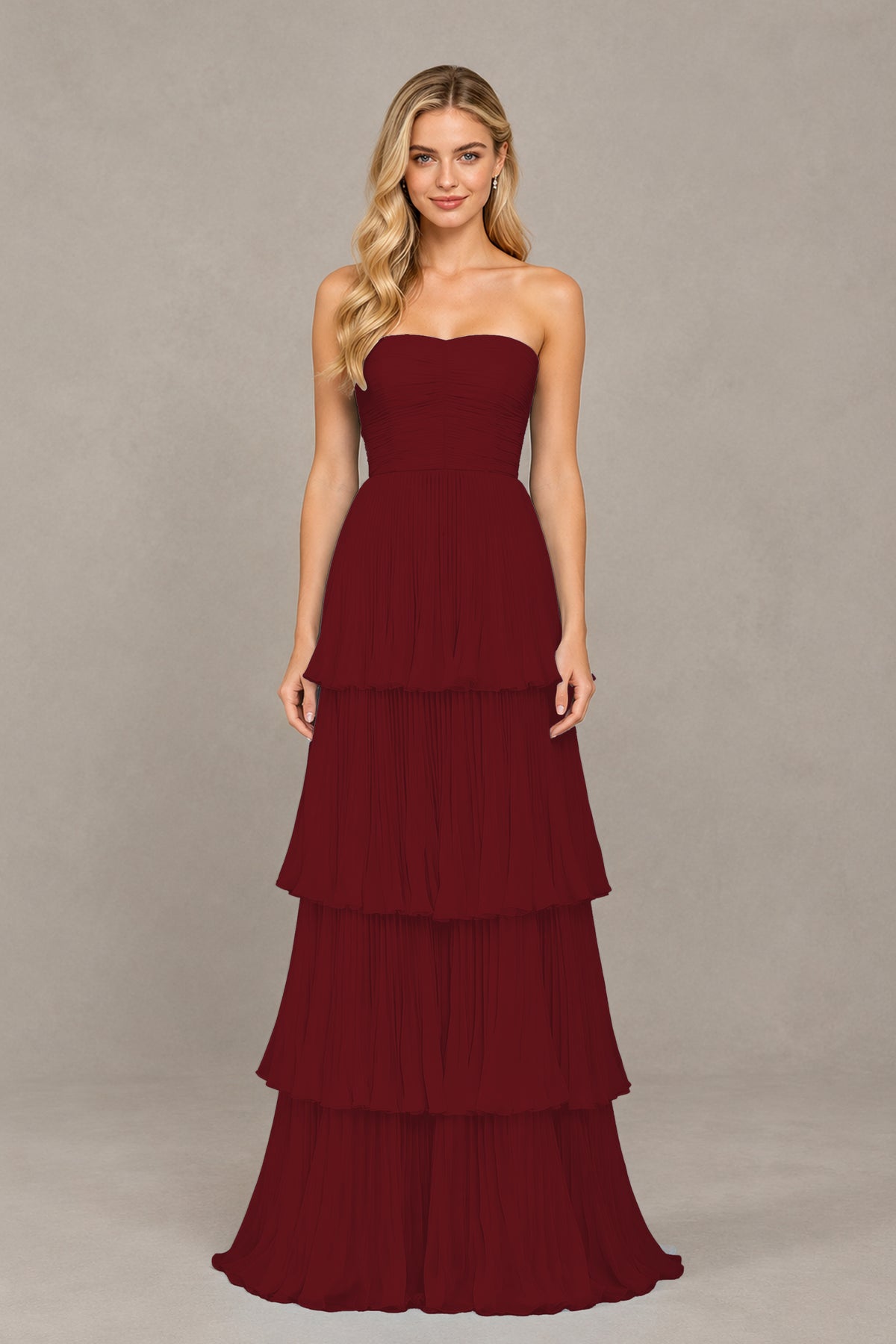 BOLODOO Burgundy Strapless Tiered Chiffon Maxi Dress - Burgundy