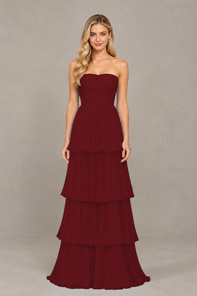 BOLODOO Burgundy Strapless Tiered Chiffon Maxi Dress - Burgundy