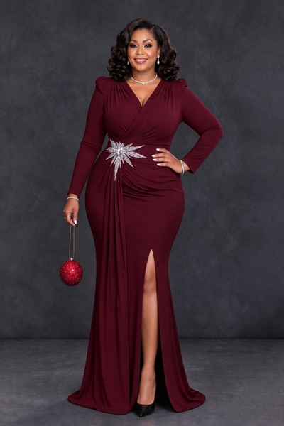 BOLODOO Burgundy Plus Size Long Sleeve V-Neck Mother of the Bride Dress with Slit - Burgundy - Burgundy_1