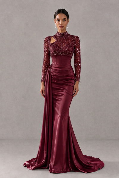 BOLODOO Burgundy Long Sleeve Embellished Satin Mermaid Evening Gown - Burgundy - Burgundy_1
