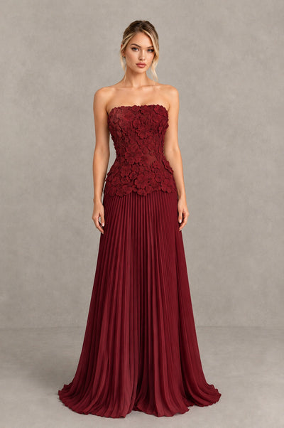 BOLODOO Burgundy Strapless Floral Applique Pleated Evening Dress - Burgundy - Burgundy_1