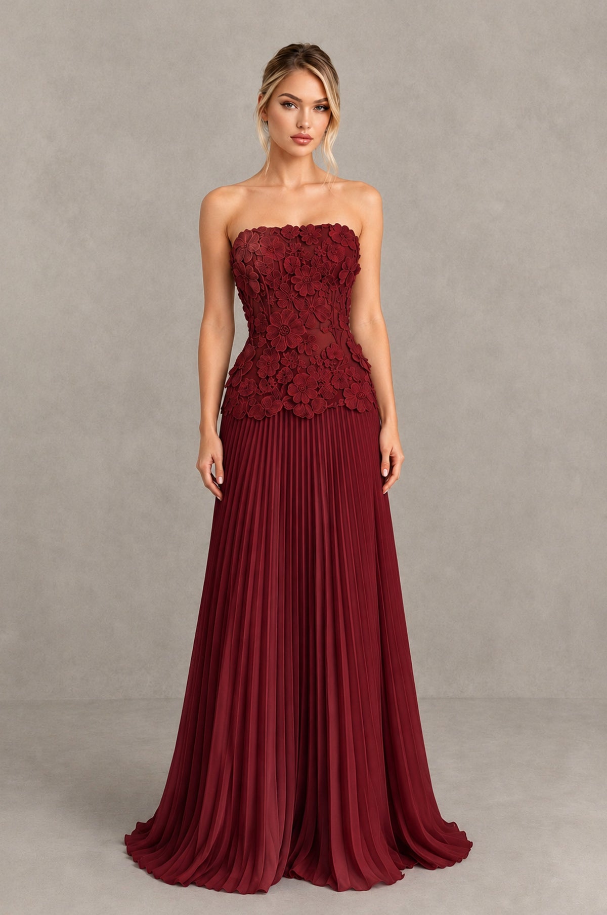 BOLODOO Burgundy Strapless Floral Applique Pleated Evening Dress - Burgundy - Burgundy_1