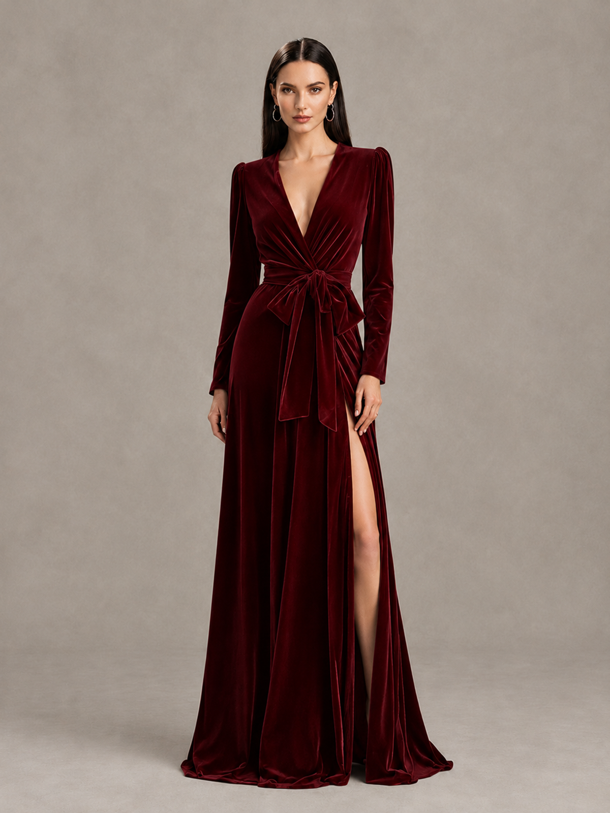 BOLODOO Burgundy Long Sleeve Velvet-Look Evening Dress with High Slit - Burgundy - Burgundy_1