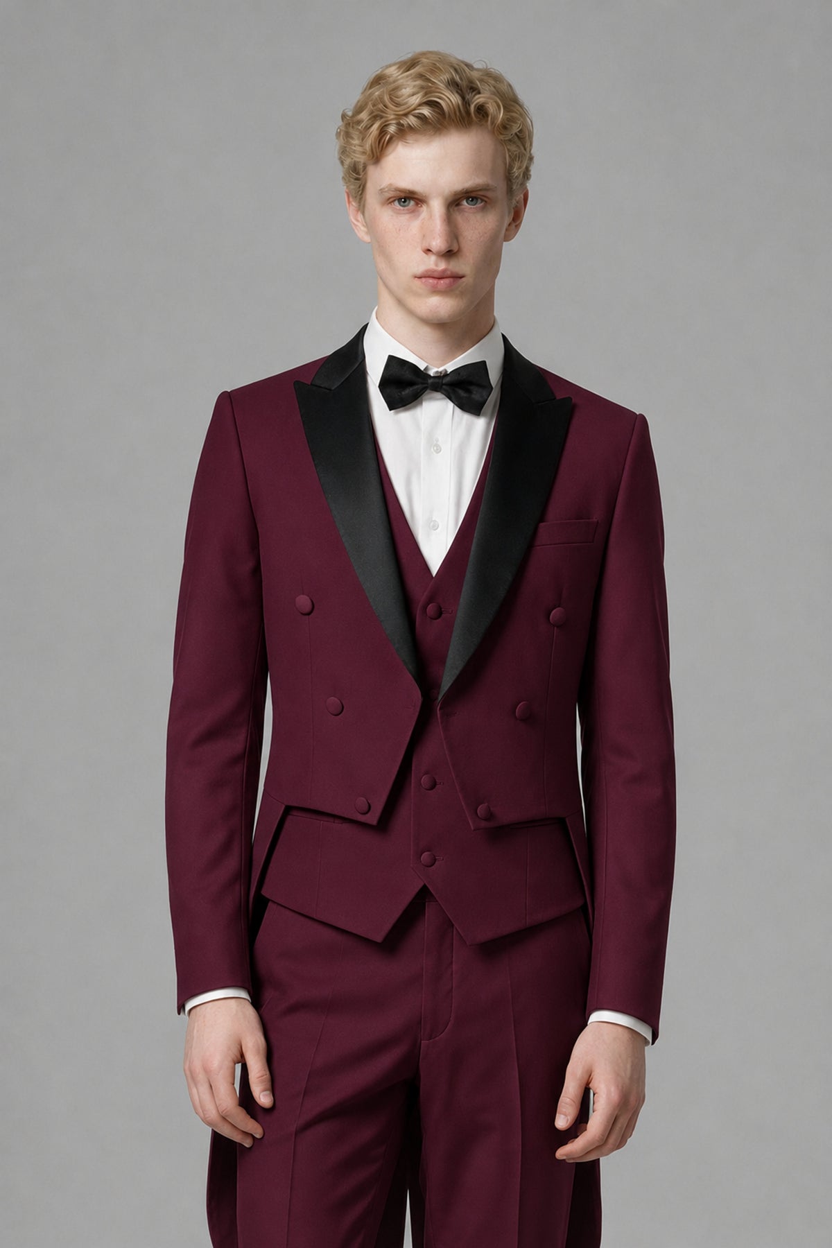 Bolodoo Men's Burgundy 3-Piece Tailcoat Tuxedo Suit with Vest & Trousers - Burgundy - Burgundy_1