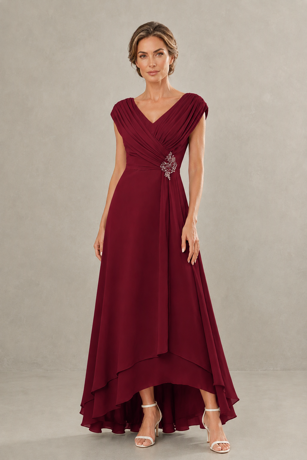 BOLODOO Burgundy V-Neck High-Low Mother of the Bride Dress - Burgundy