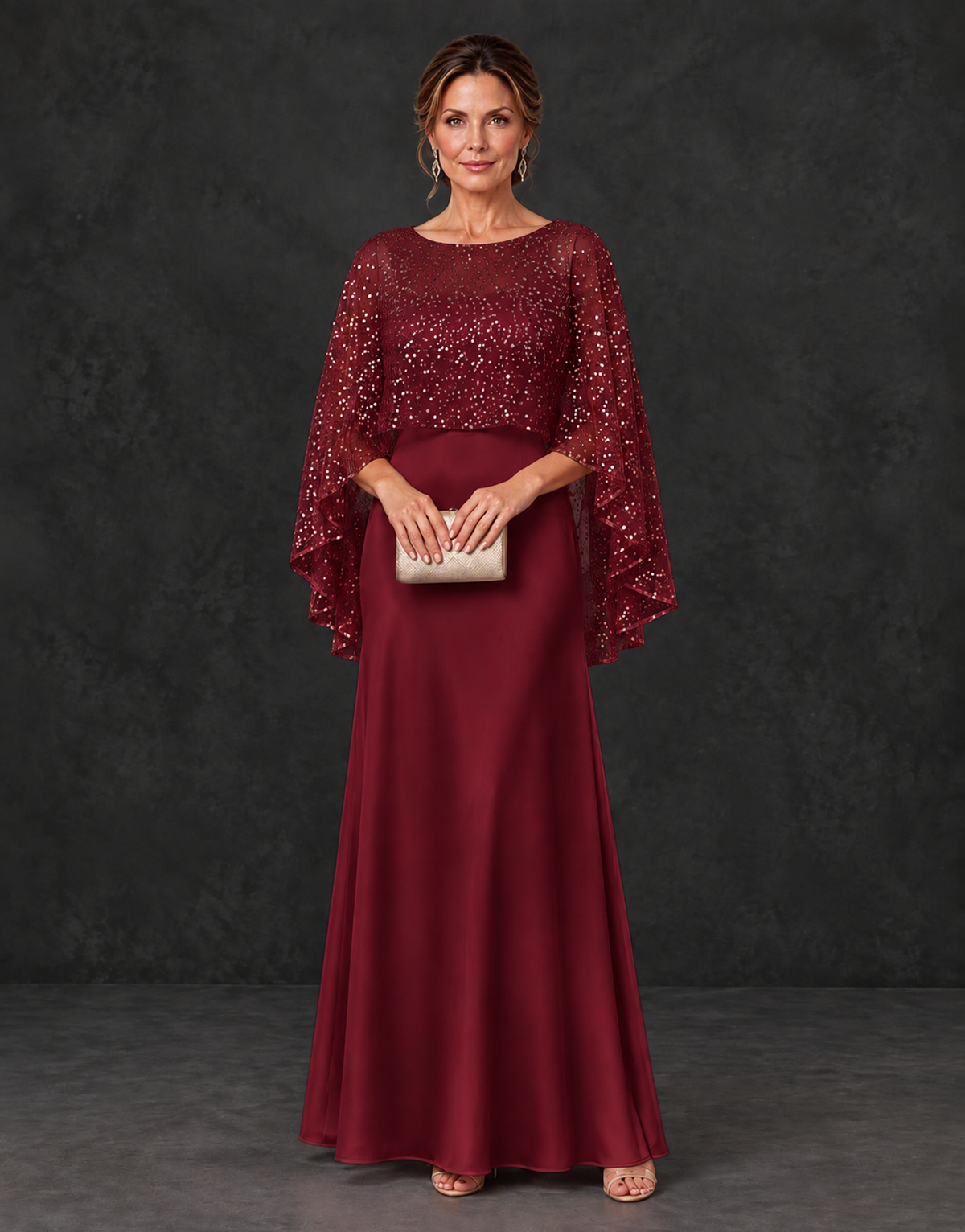 BOLODOO Burgundy Sparkle Cape Sleeve Mother of the Bride Dress - Burgundy - Burgundy_1
