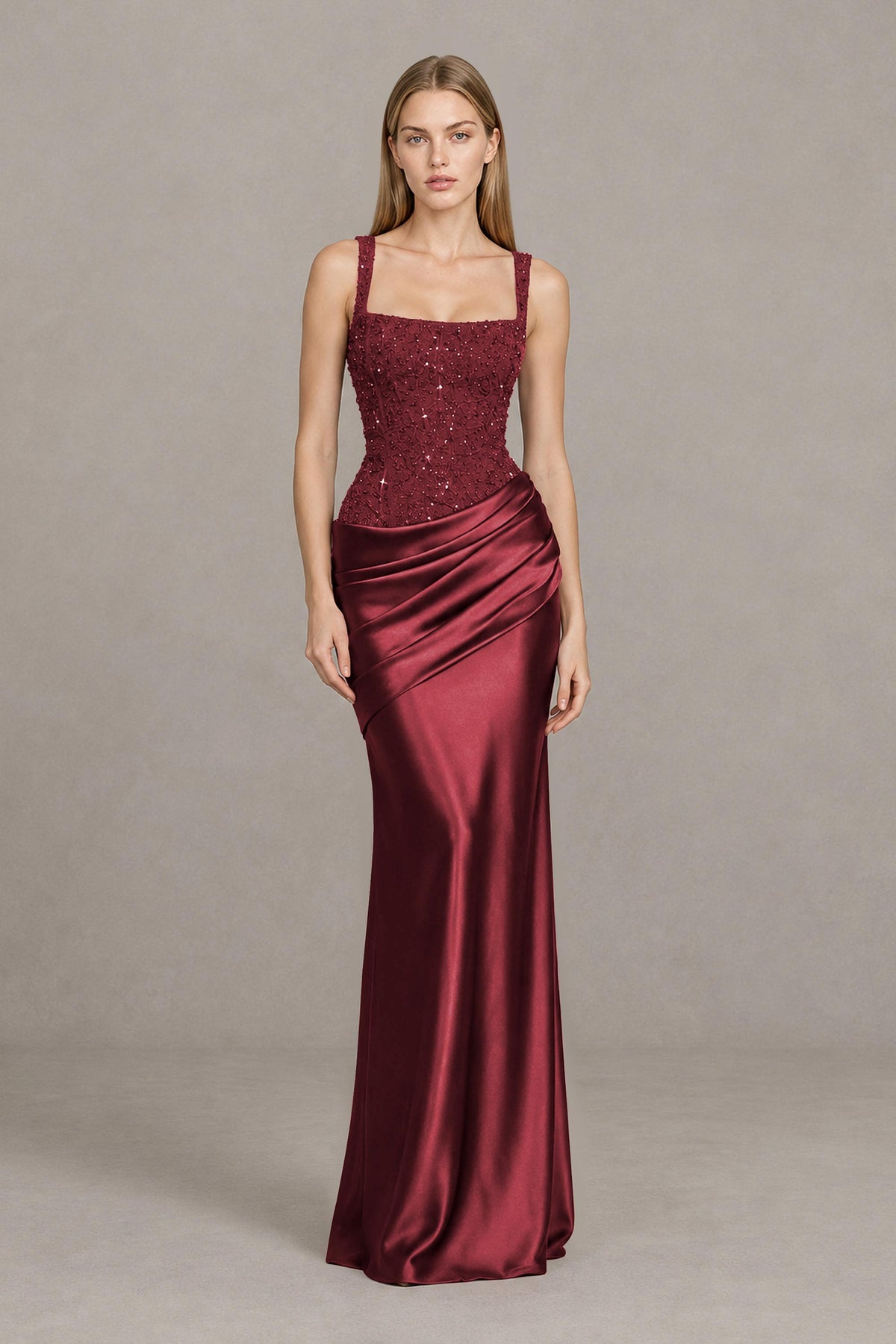 BOLODOO Burgundy Square Neck Embellished Satin Evening Gown - Burgundy
