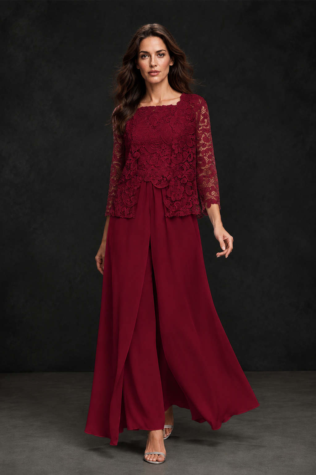BOLODOO Burgundy Grey Lace Peplum Top & Wide-Leg Chiffon Pants Set | Mother of the Bride & Formal Evening Outfit - Burgundy