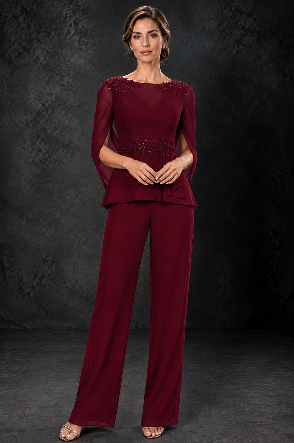 BOLODOO Burgundy Embellished Cape Sleeve Mother of the Bride Pantsuit - Burgundy - Burgundy_1
