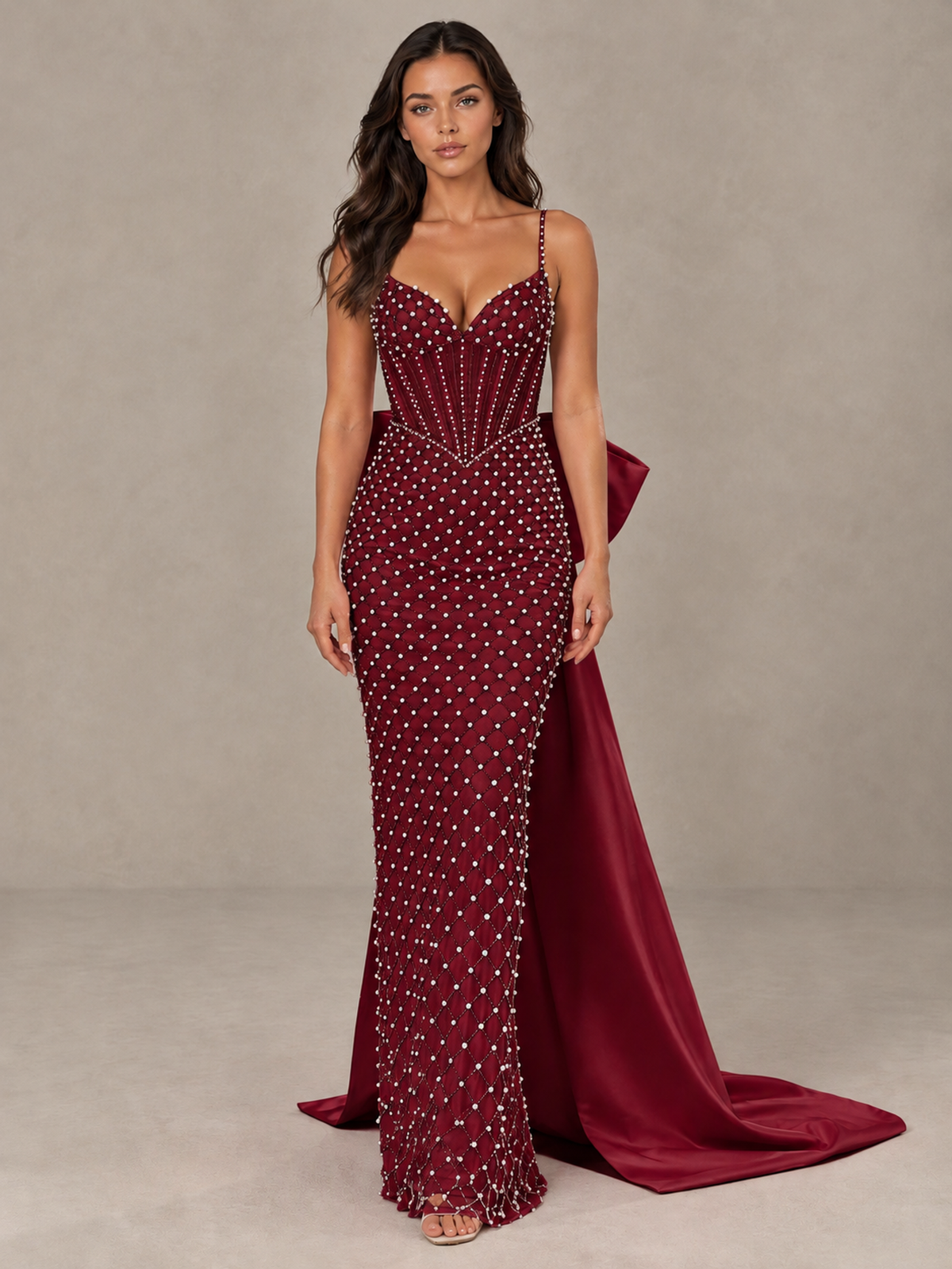 BOLODOO Burgundy Beaded Corset Prom Dress with Bow Train - Burgundy - Burgundy_1