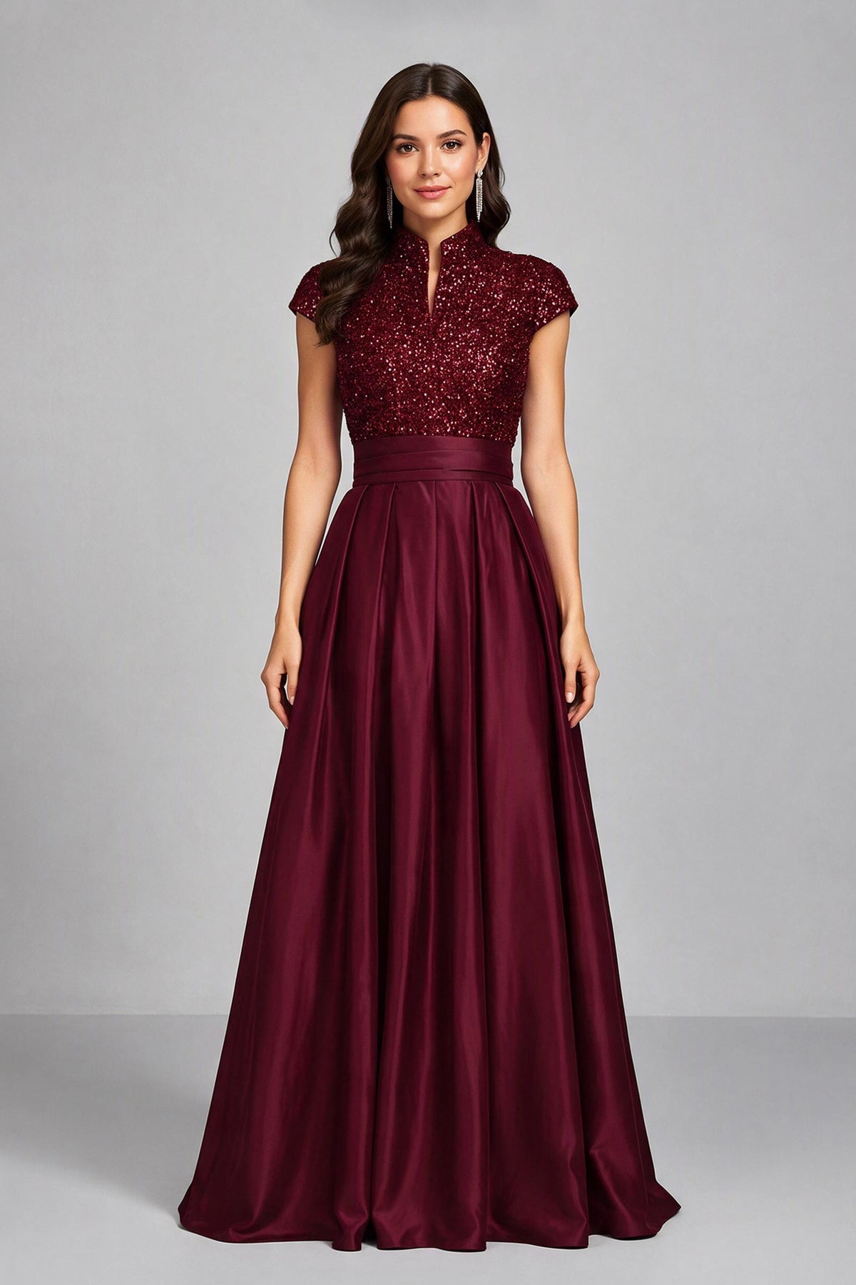 BOLODOO Burgundy Sequin Embroidered High Neck Cap Sleeve A-Line Ball Gown – Formal Evening Dress - Burgundy