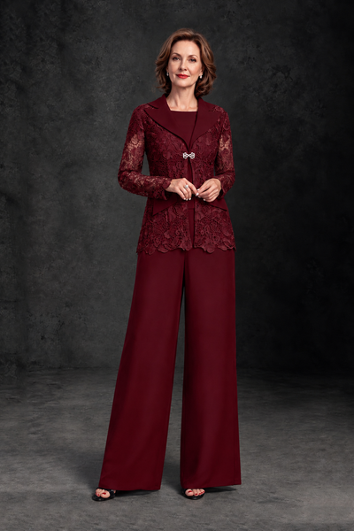 Burgundy Lace Mother of the Bride Groom Pant Suit Wide-Leg Formal Dress - Burgundy - Burgundy_1