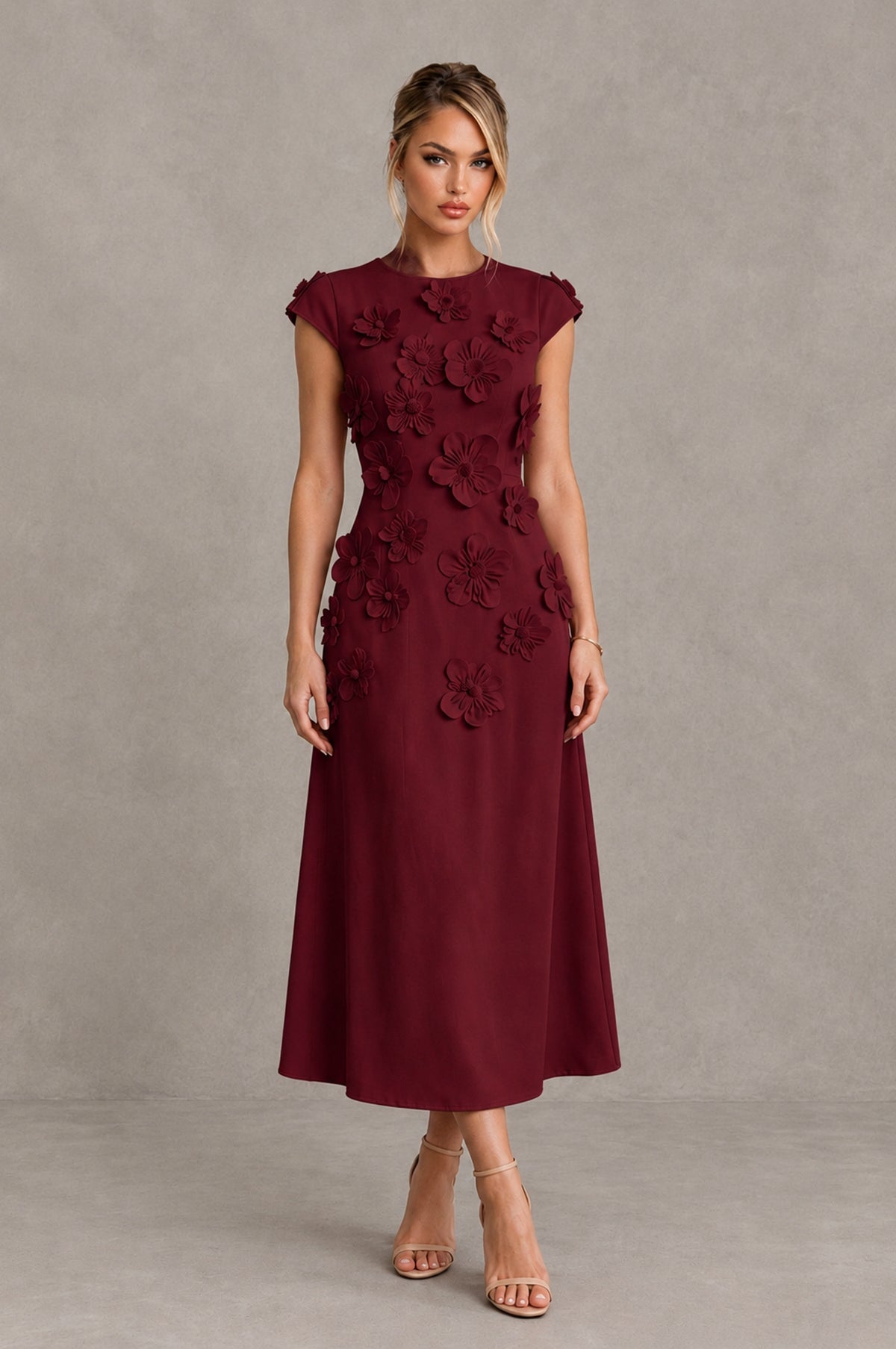 BOLODOO Burgundy 3D Floral Cap Sleeve Midi Cocktail Dress - Burgundy - Burgundy_1