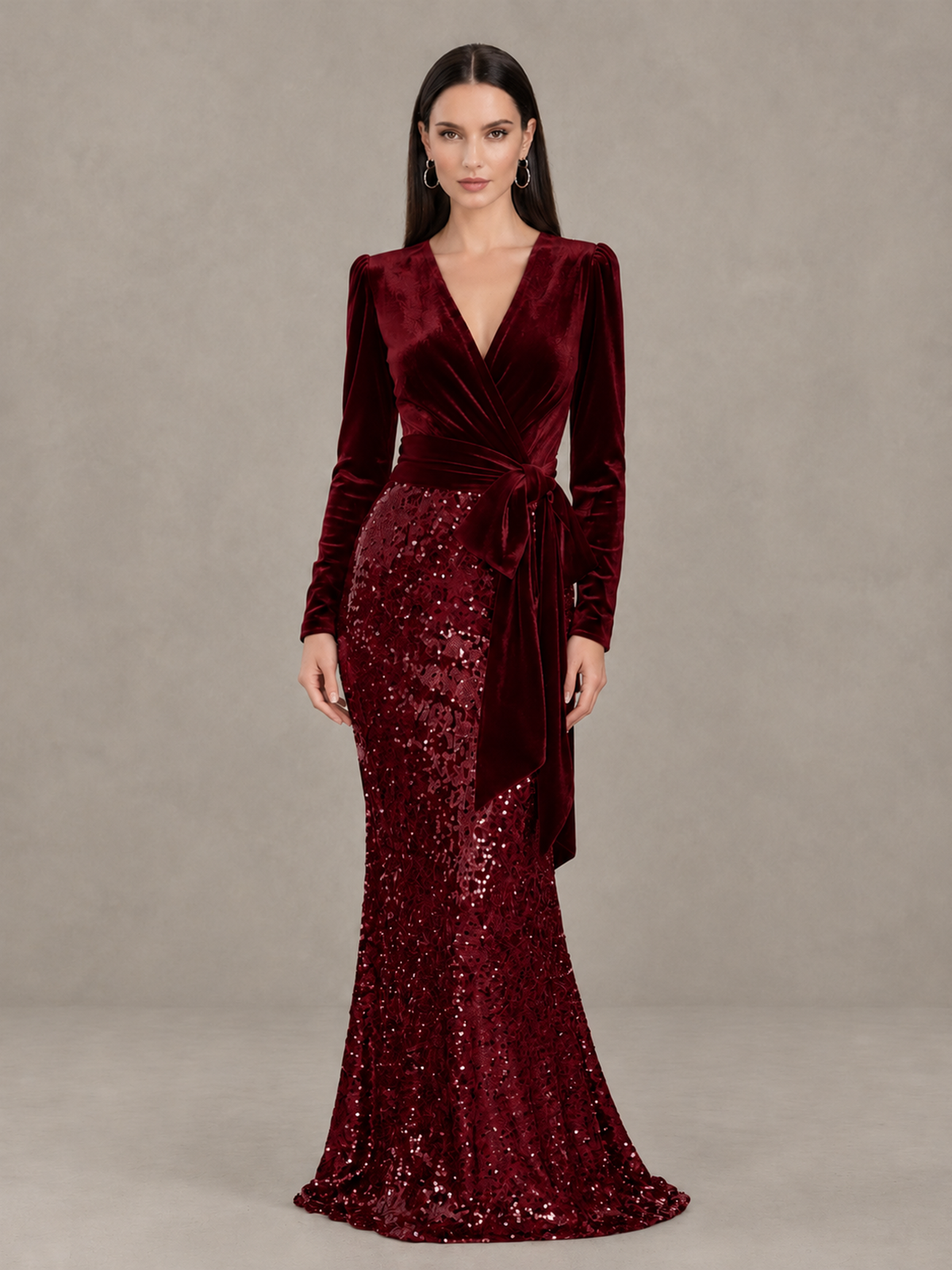 BOLODOO Burgundy Velvet & Sequin Long Sleeve V-Neck Mermaid Evening Gown - Burgundy - Burgundy_1